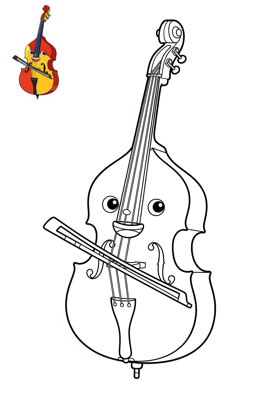 easy musical instruments Strings double bass kids coloring page 1