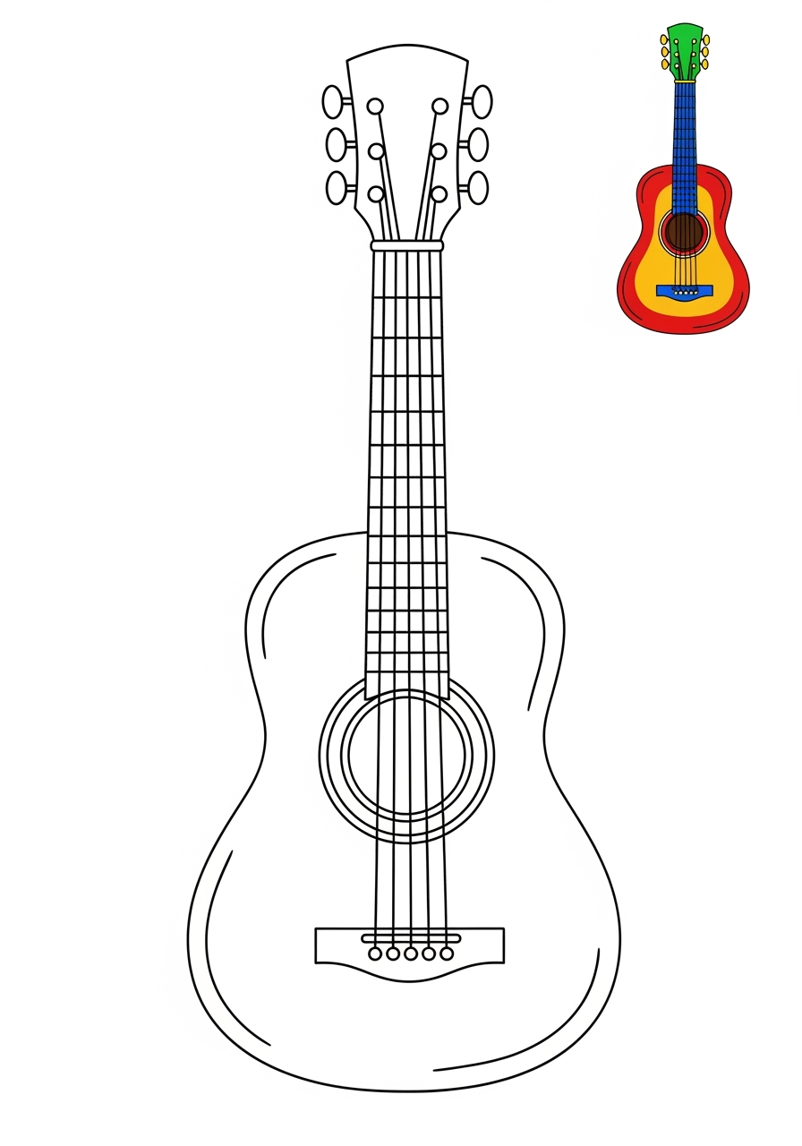 easy musical instruments Strings guitar kids coloring page 1
