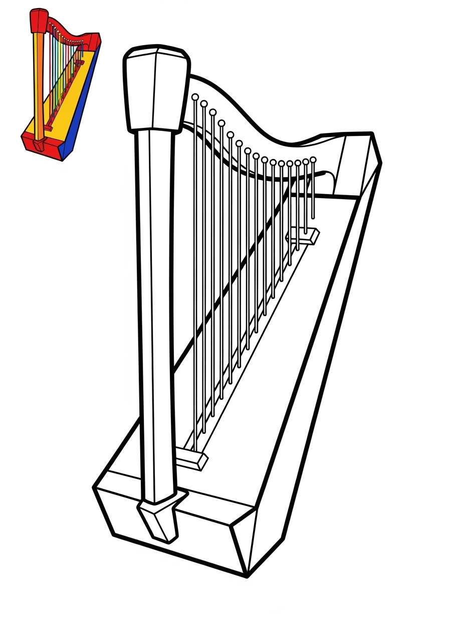 easy musical instruments Strings harp kids coloring page 0