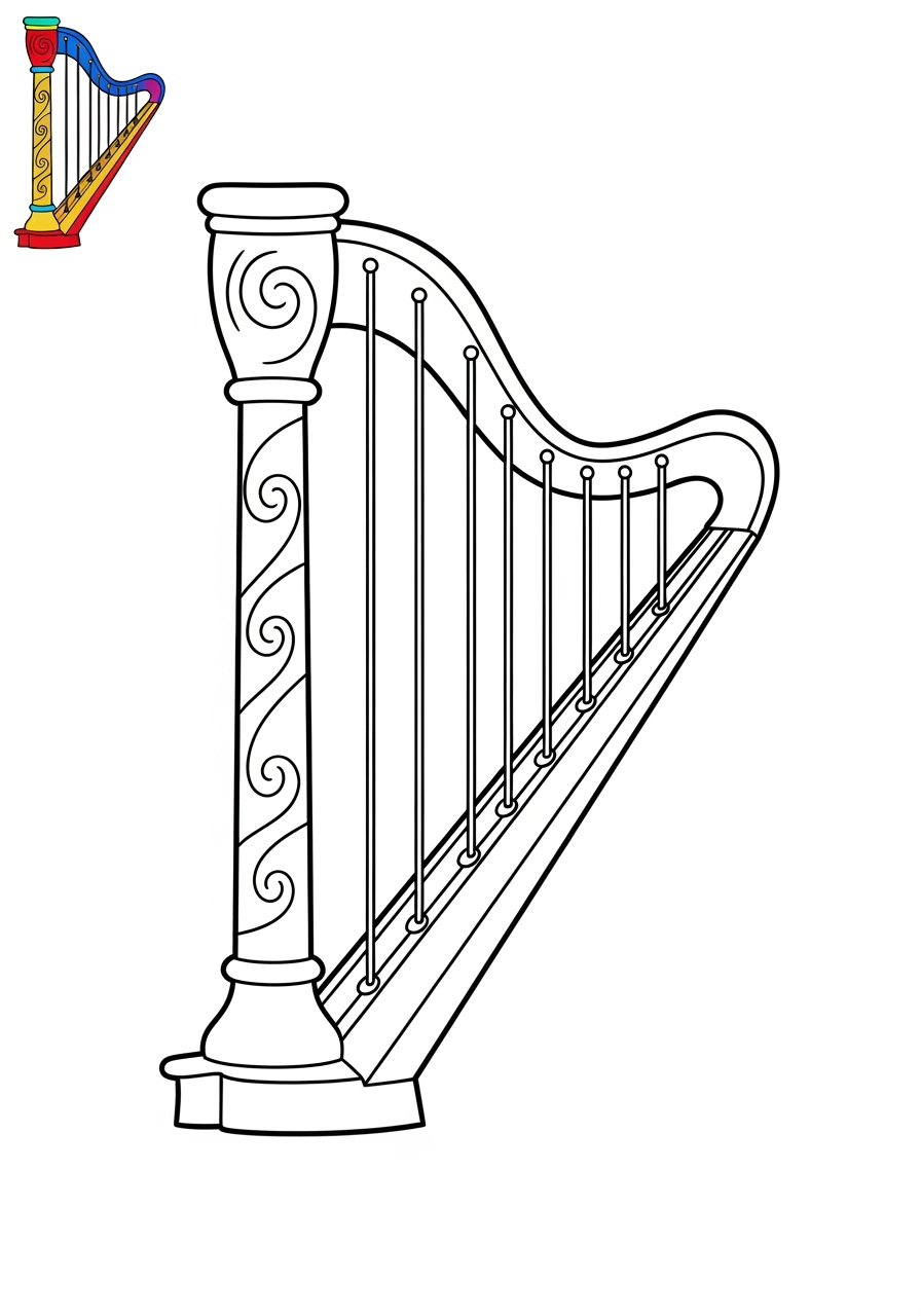 easy musical instruments Strings harp kids coloring page 1