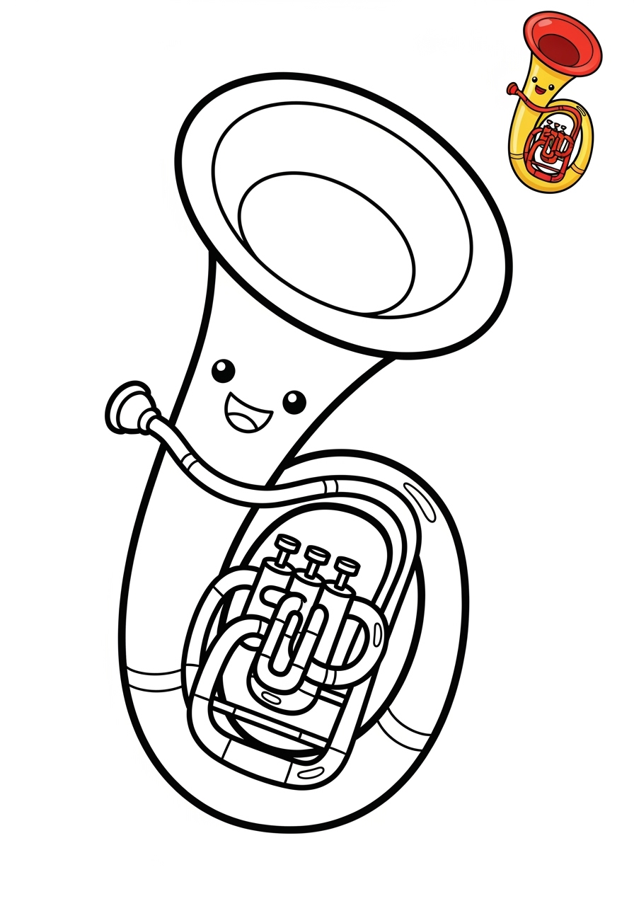 easy musical instruments Wind tuba kids coloring page 1