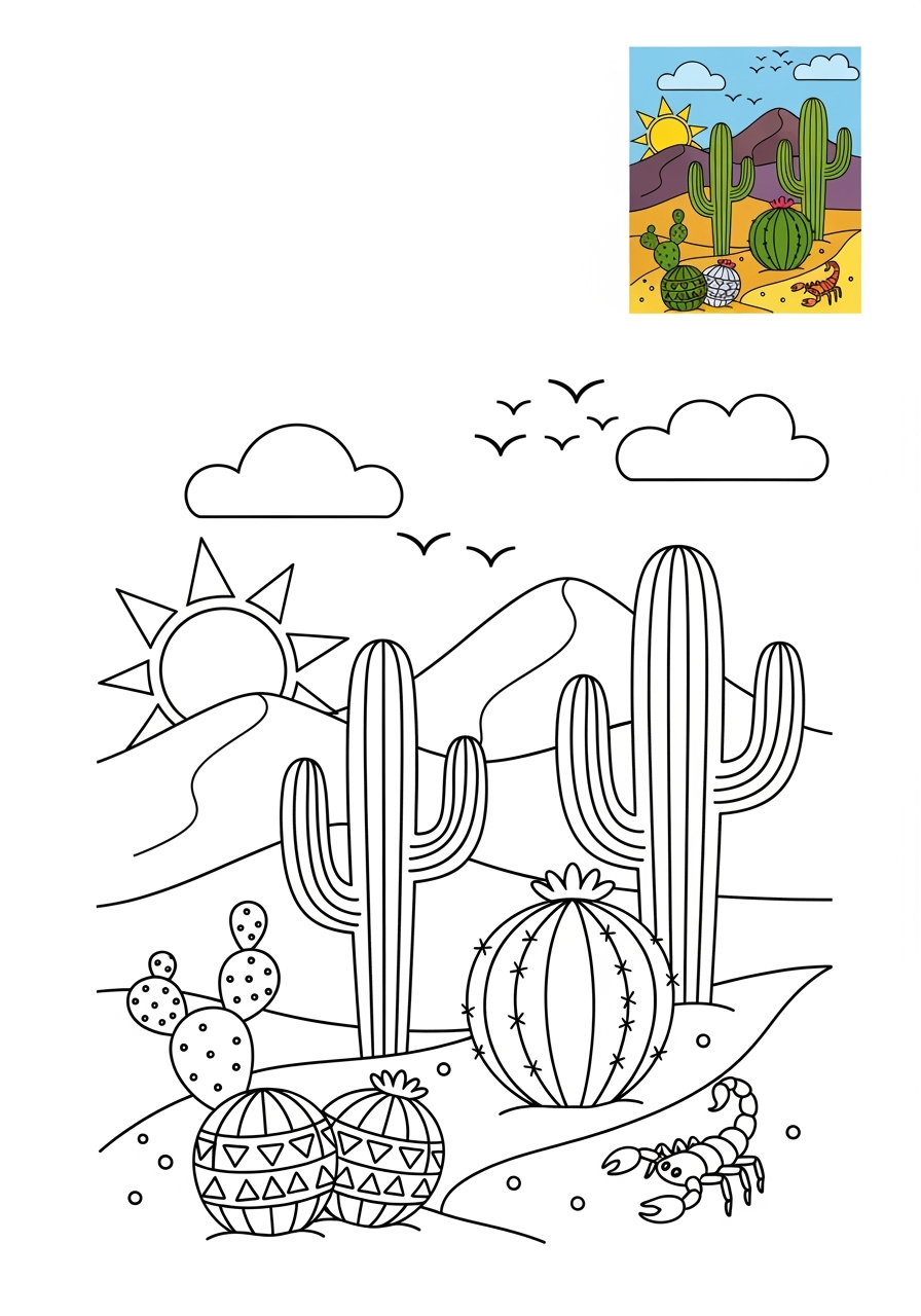 easy nature and scenery 風景 desert kids coloring page 1
