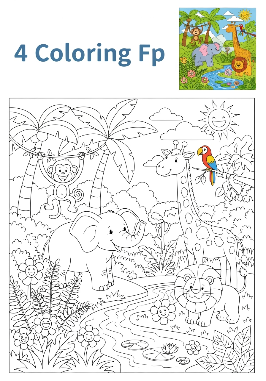easy nature and scenery 風景 jungle kids coloring page 1