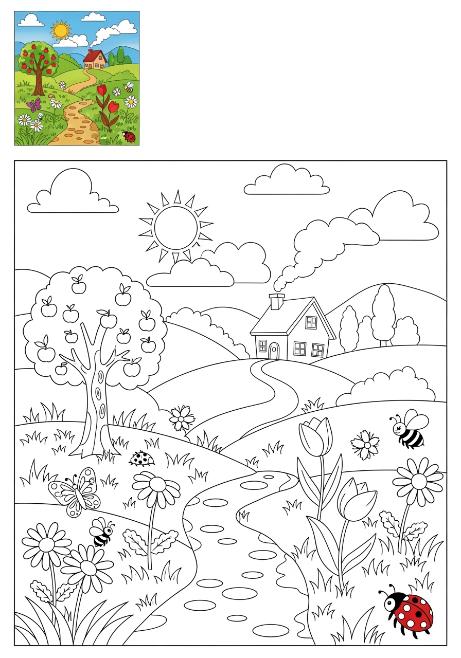 easy nature and scenery 風景 meadow kids coloring page 0