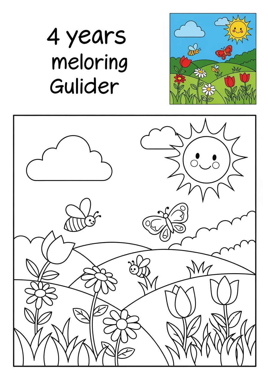 easy nature and scenery 風景 meadow kids coloring page 1
