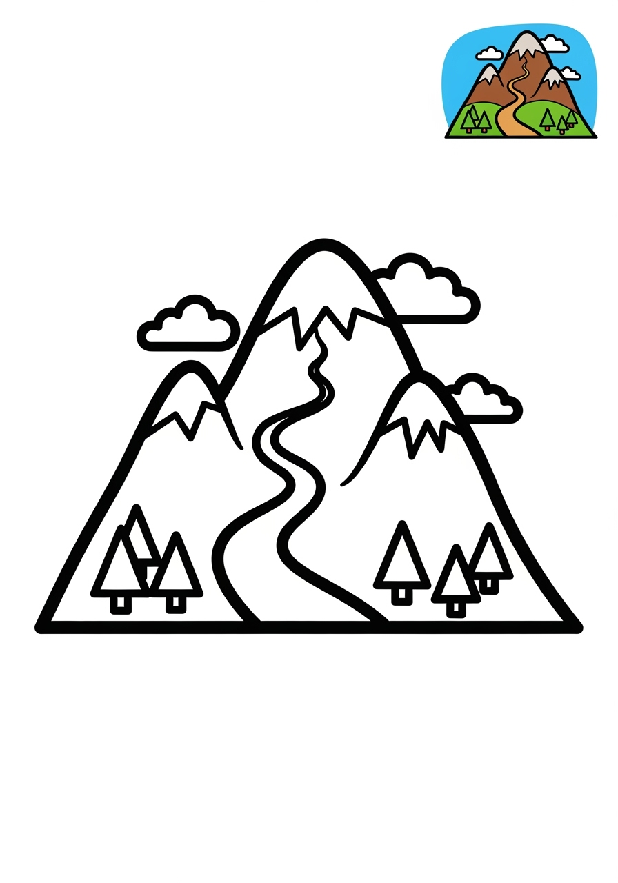 easy nature and scenery 風景 mountain kids coloring page 1