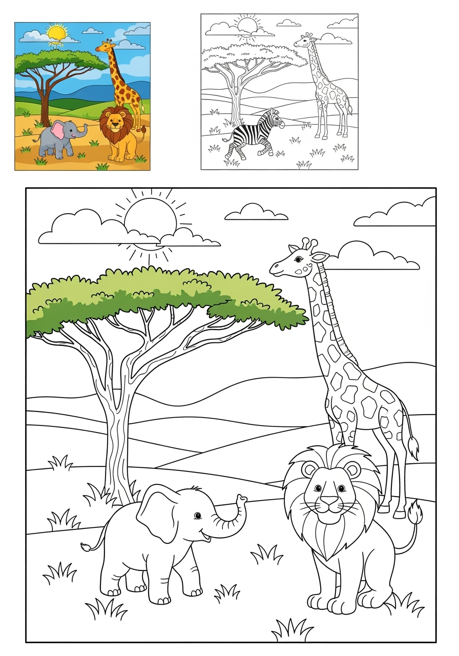 easy nature and scenery 風景 savanna kids coloring page 0
