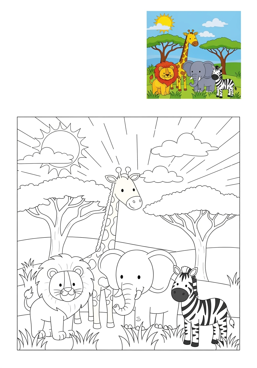 easy nature and scenery 風景 savanna kids coloring page 1