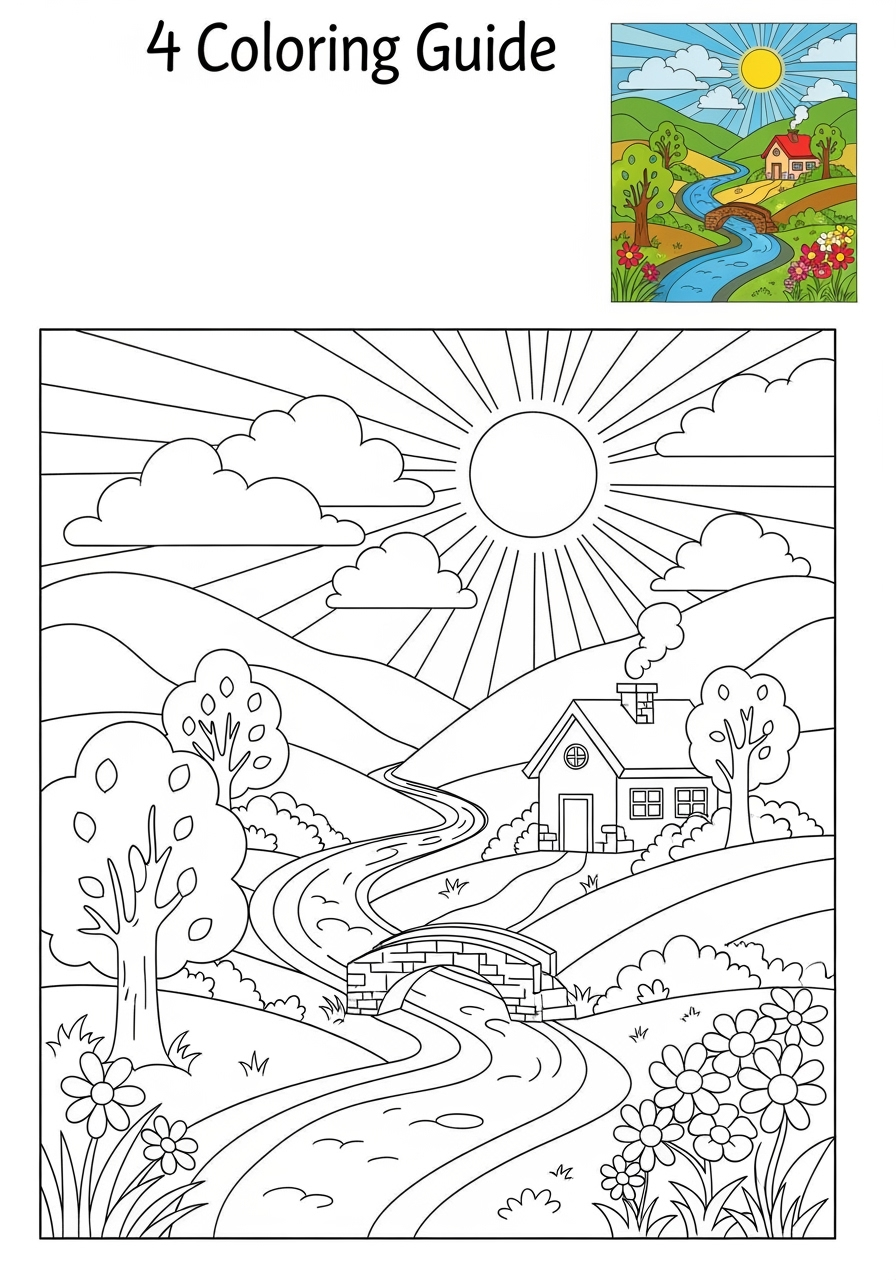 easy nature and scenery 風景 valley kids coloring page 0