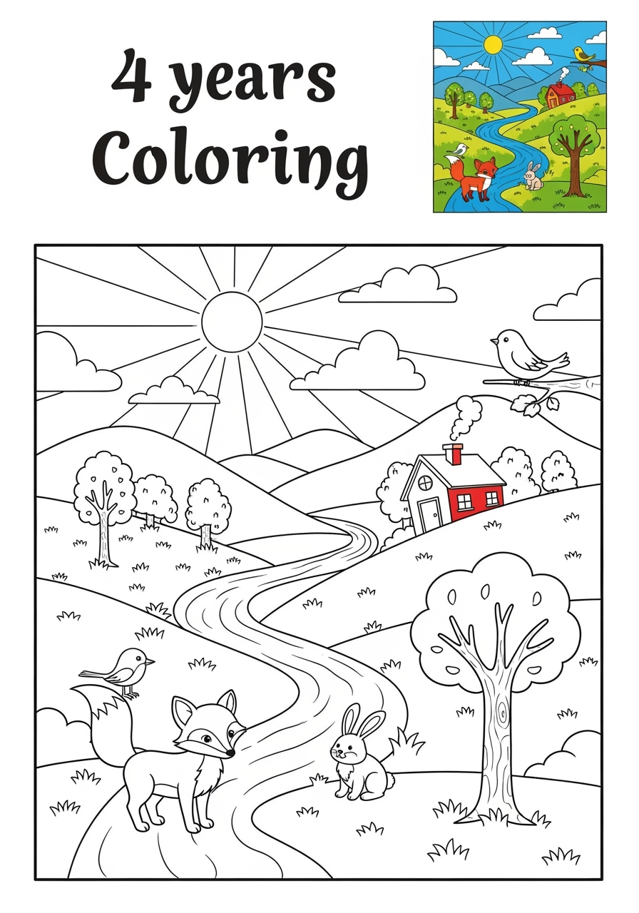 easy nature and scenery 風景 valley kids coloring page 1