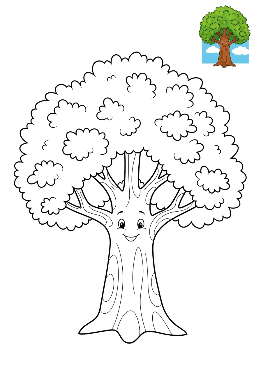 easy nature and scenery Plants & Trees oak tree kids coloring page 1