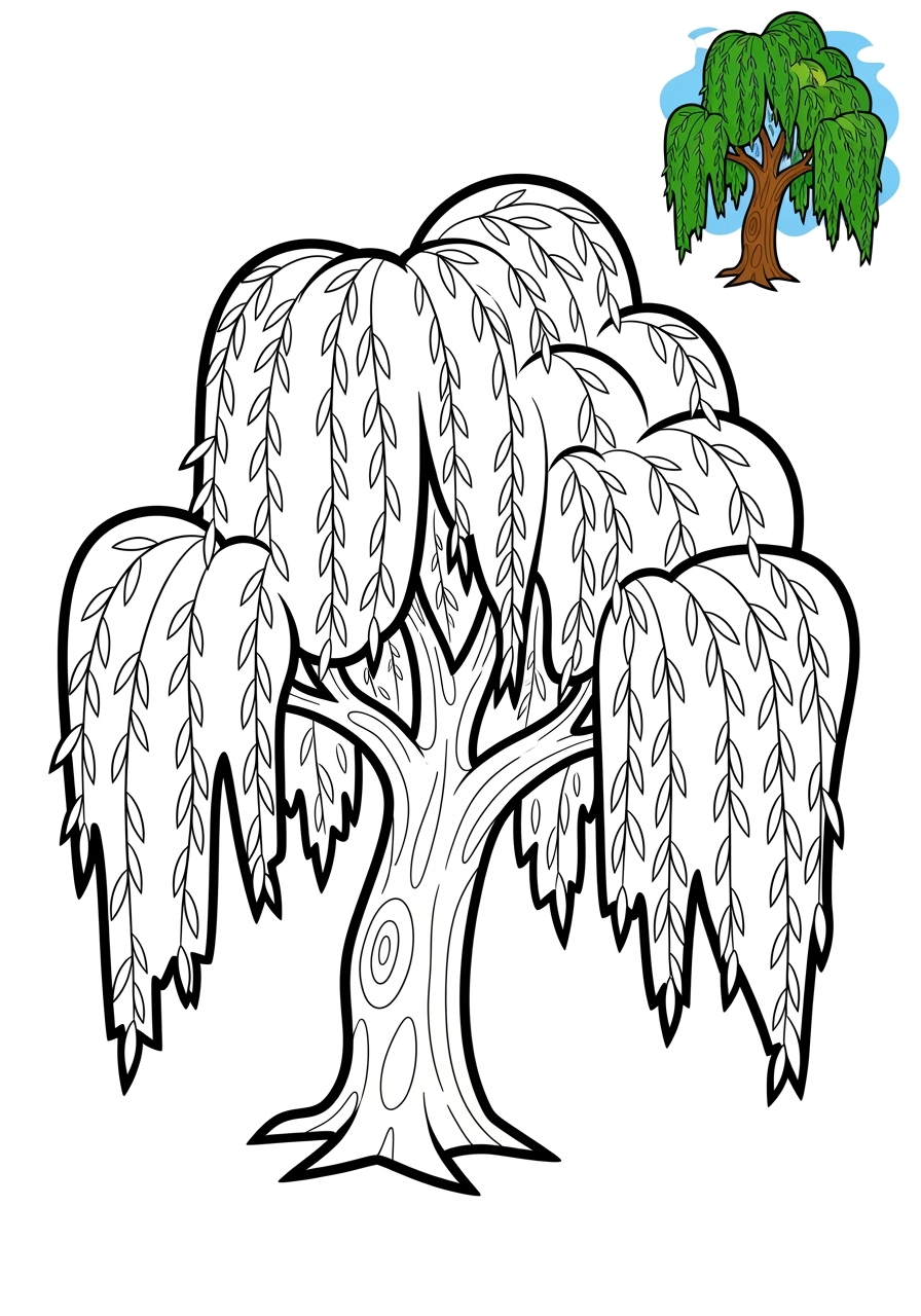 easy nature and scenery Plants & Trees willow tree kids coloring page 0