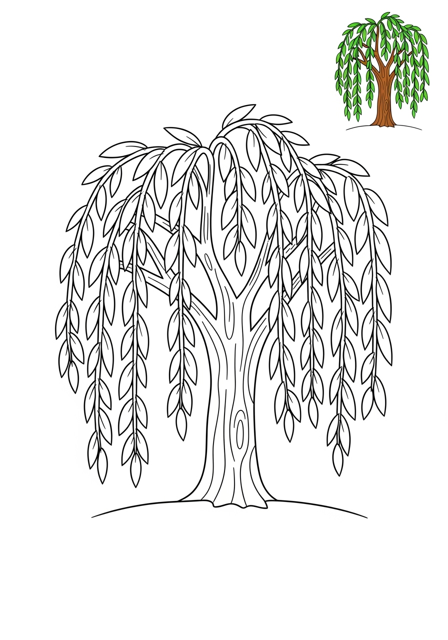 easy nature and scenery Plants & Trees willow tree kids coloring page 1