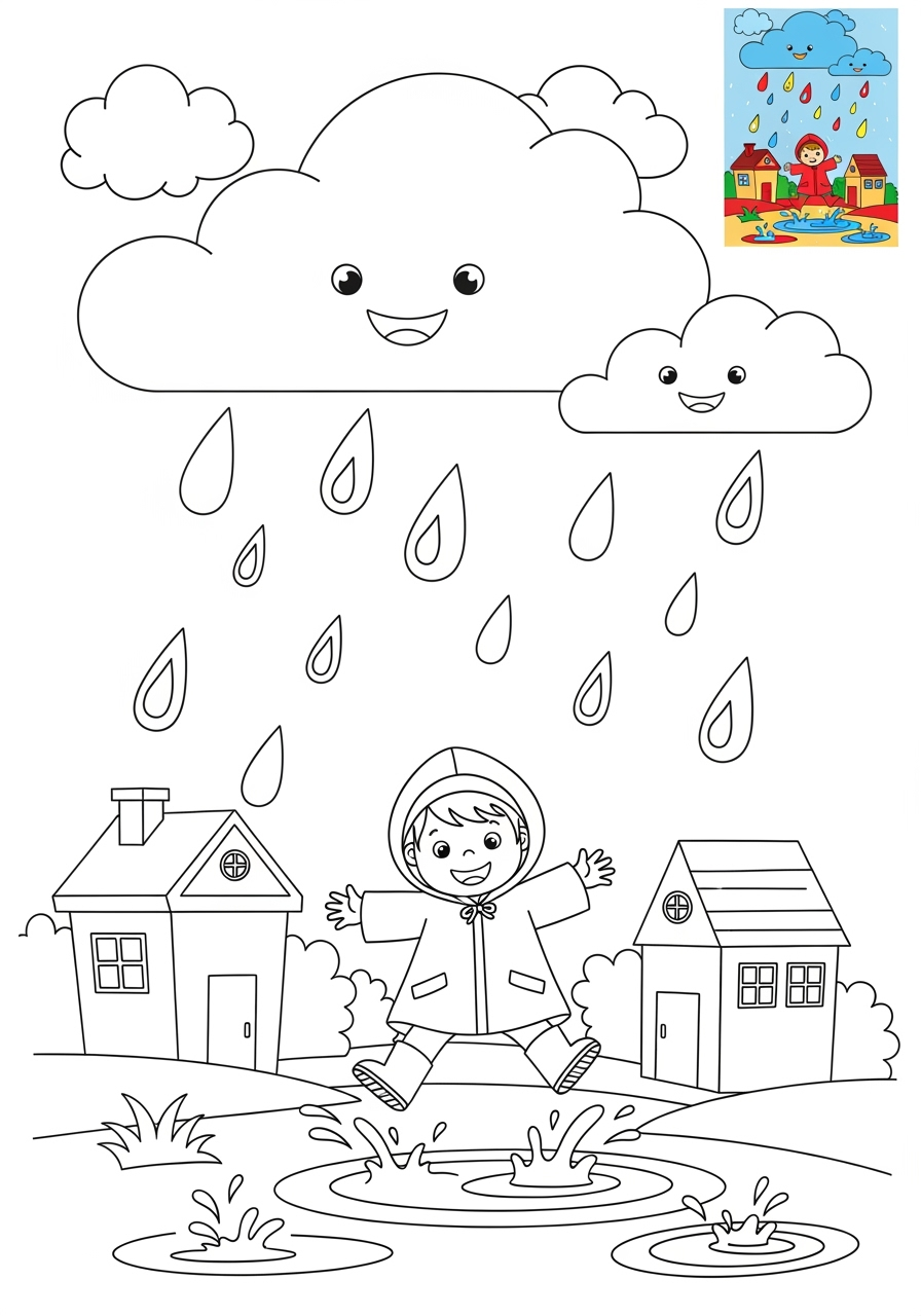 easy nature and scenery Weather & Sky rain kids coloring page 0