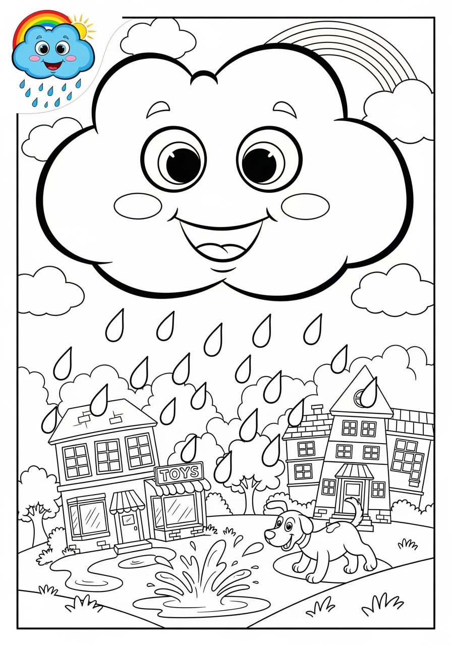 easy nature and scenery Weather & Sky rain kids coloring page 1