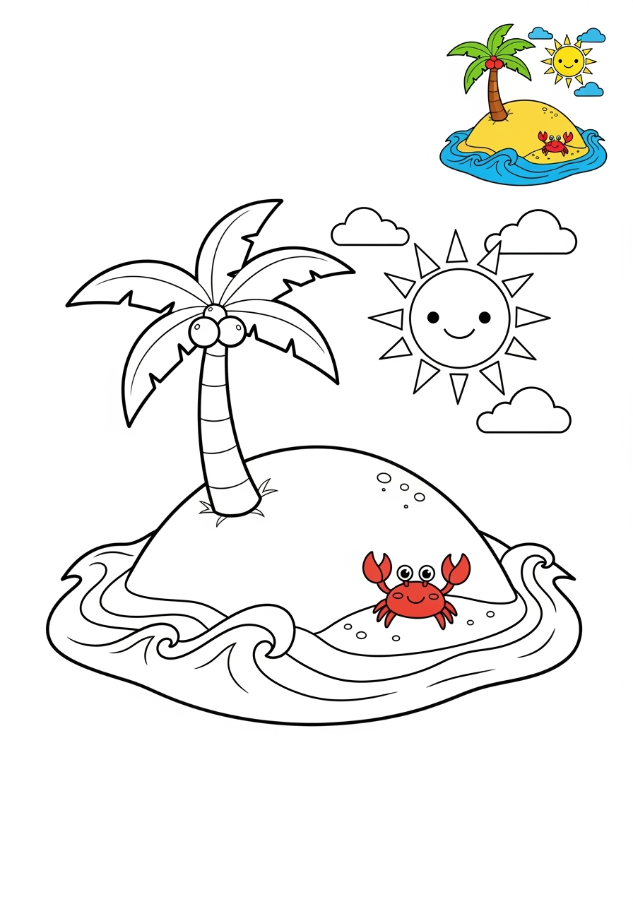 easy nature and scenery Water Features island kids coloring page 1