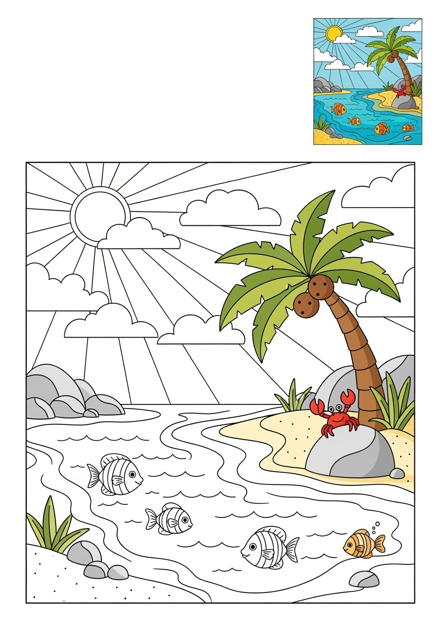 easy nature and scenery Water Features lagoon kids coloring page 1