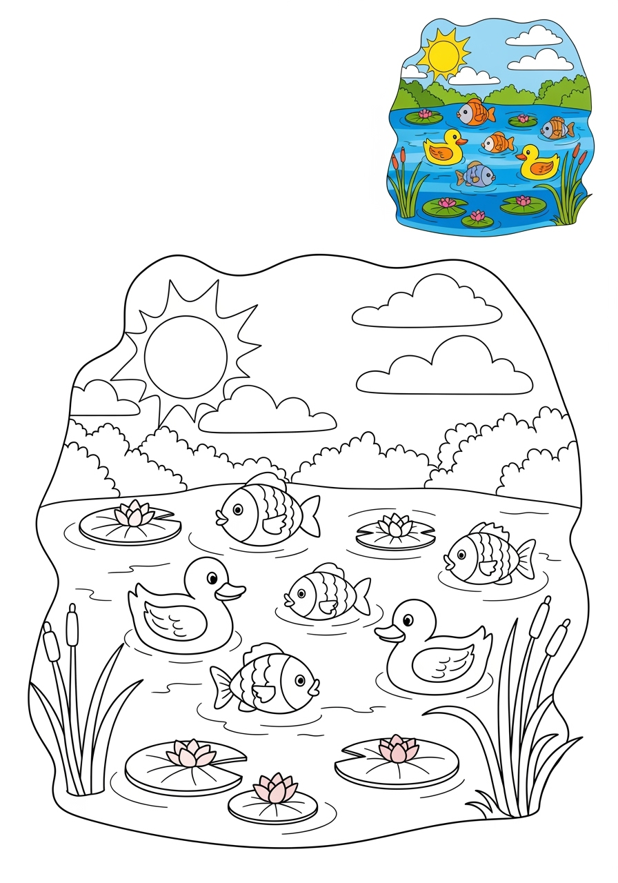 easy nature and scenery Water Features lake kids coloring page 1
