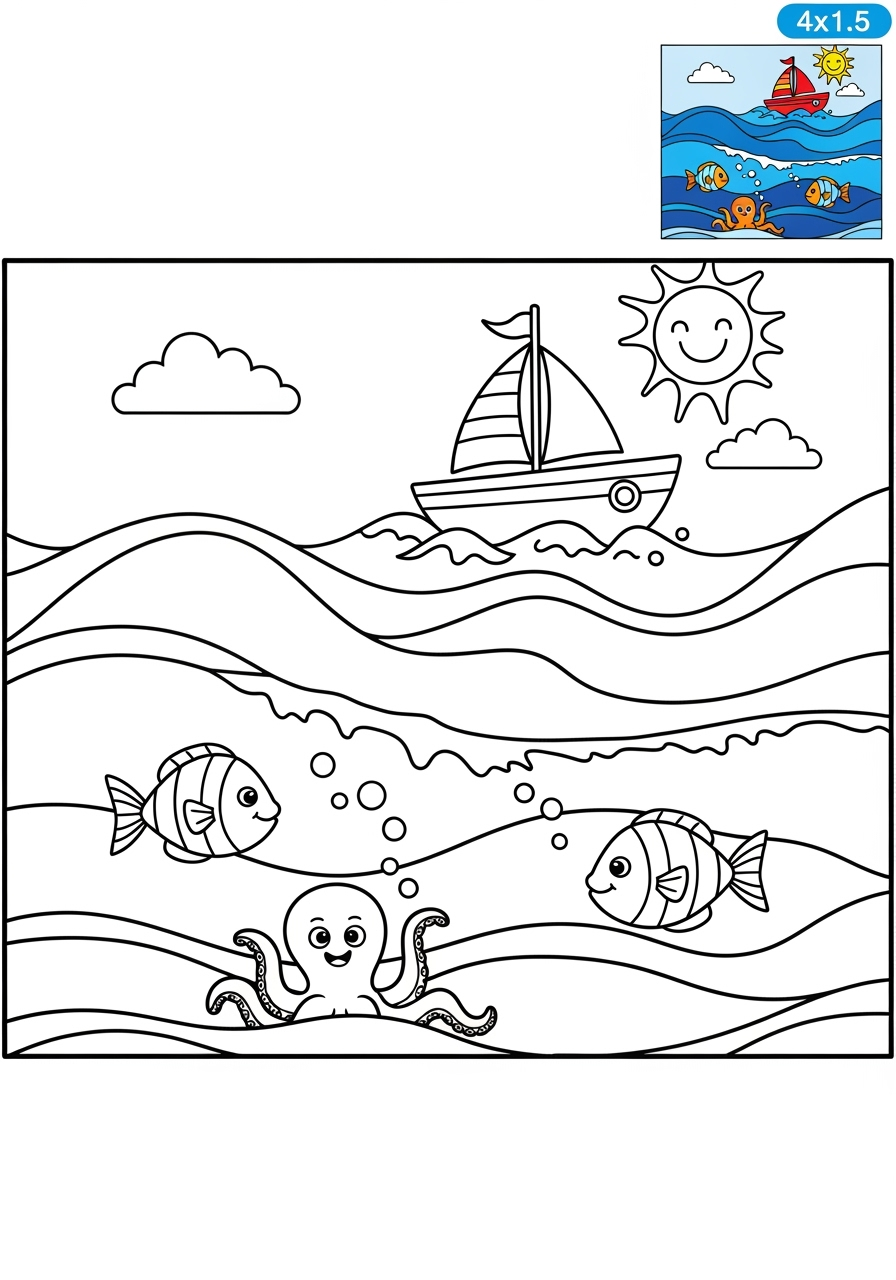 easy nature and scenery Water Features ocean kids coloring page 1