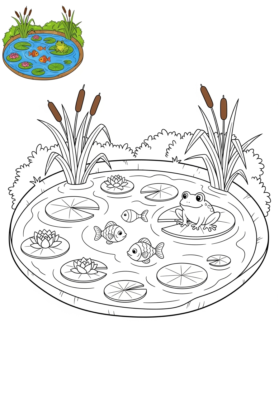 easy nature and scenery Water Features pond kids coloring page 0