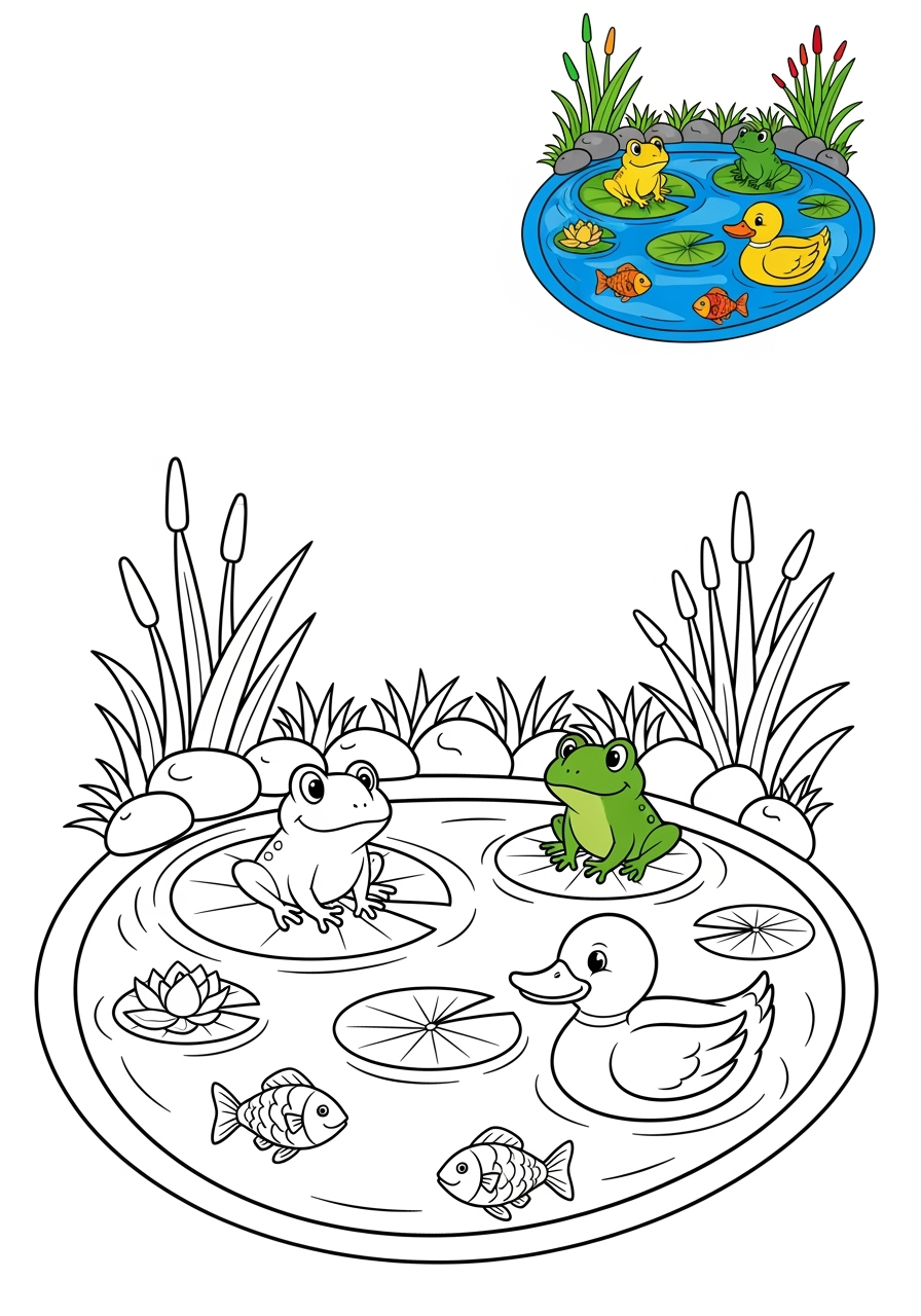 easy nature and scenery Water Features pond kids coloring page 1