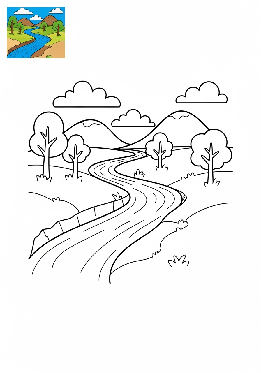 easy nature and scenery Water Features river kids coloring page 1