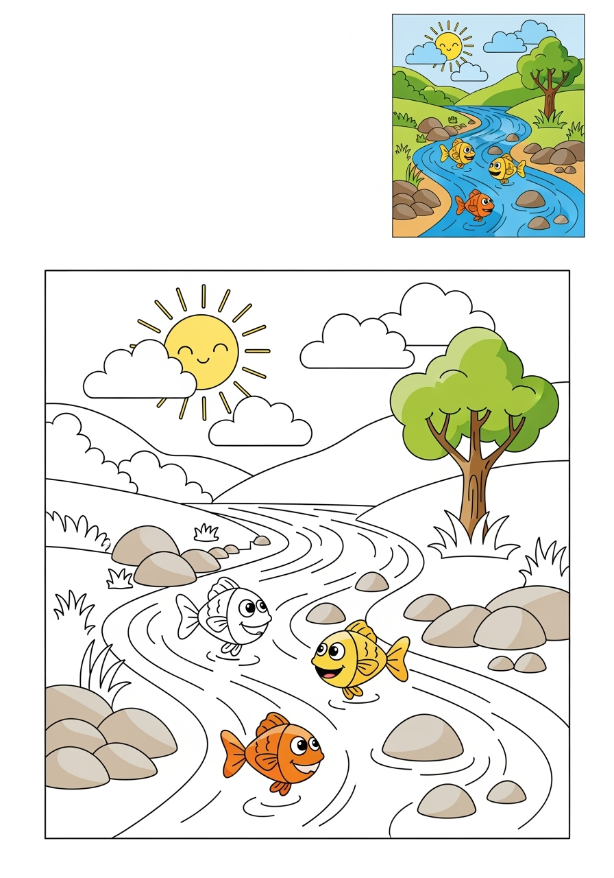 easy nature and scenery Water Features stream kids coloring page 0