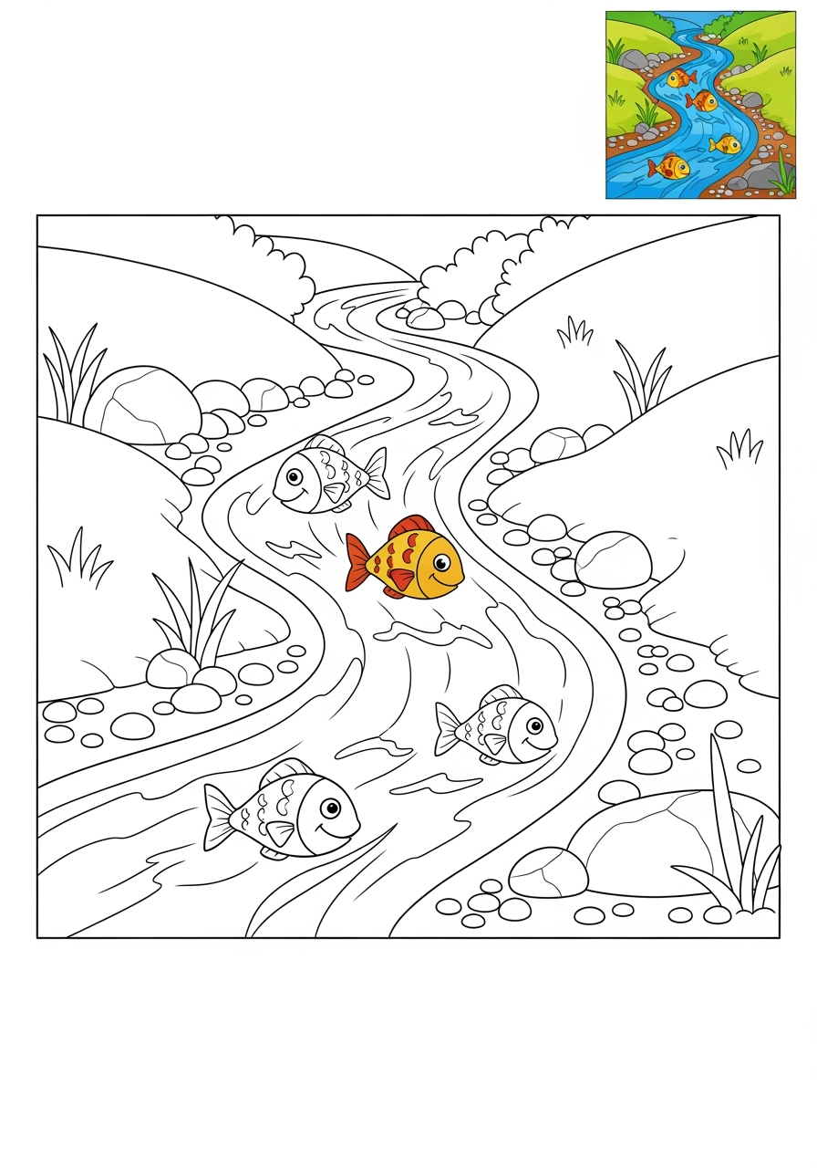 easy nature and scenery Water Features stream kids coloring page 1