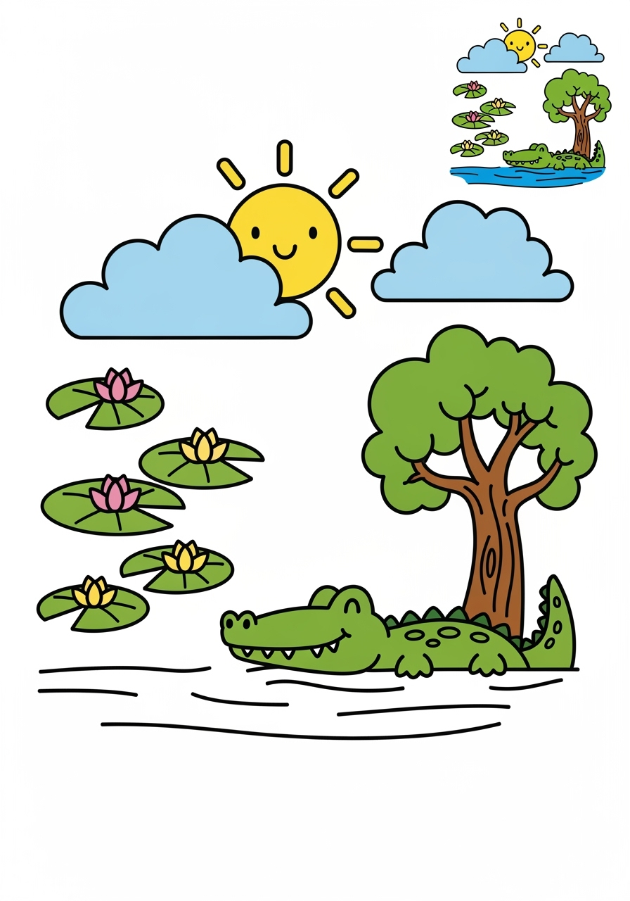 easy nature and scenery Water Features swamp kids coloring page 0