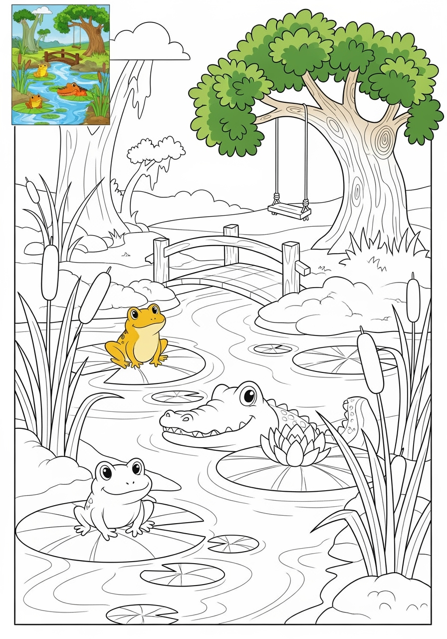 easy nature and scenery Water Features swamp kids coloring page 1