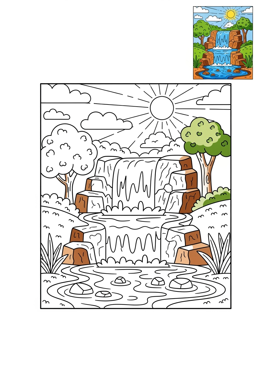 easy nature and scenery Water Features waterfall kids coloring page 0
