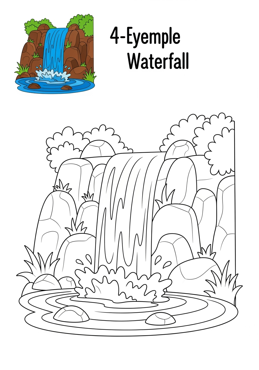 easy nature and scenery Water Features waterfall kids coloring page 1