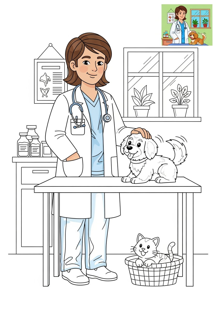 easy people and professions Community Helpers veterinarian kids coloring page 1