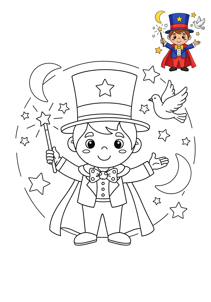 easy people and professions Artistes & Interprètes magician kids coloring page 1