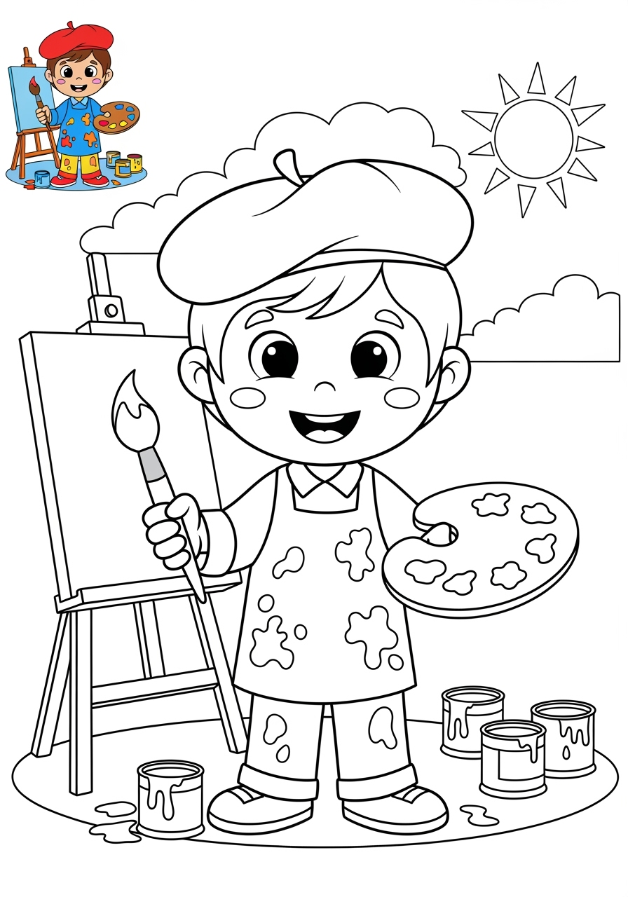 easy people and professions Artistes & Interprètes painter kids coloring page 1
