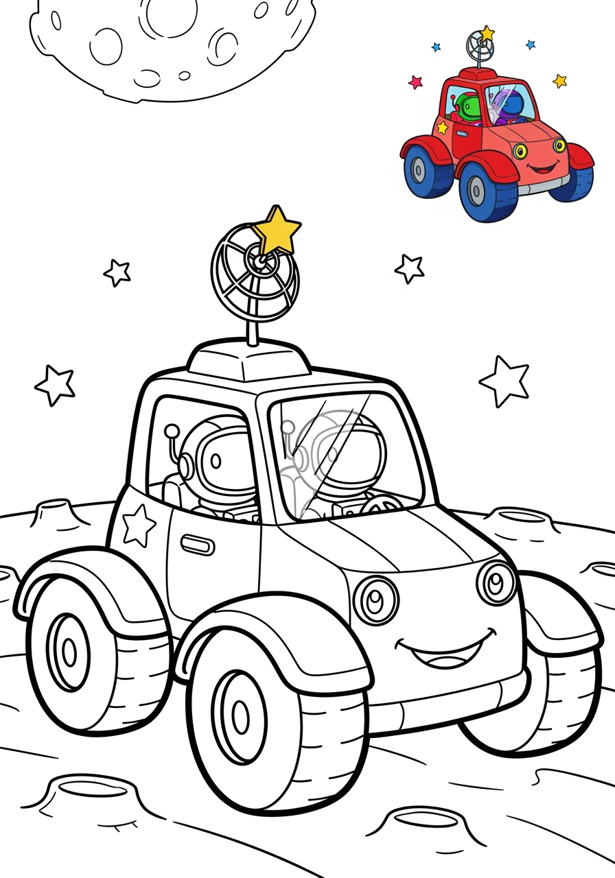 easy space and astronomy Spacecraft moon buggy kids coloring page 1