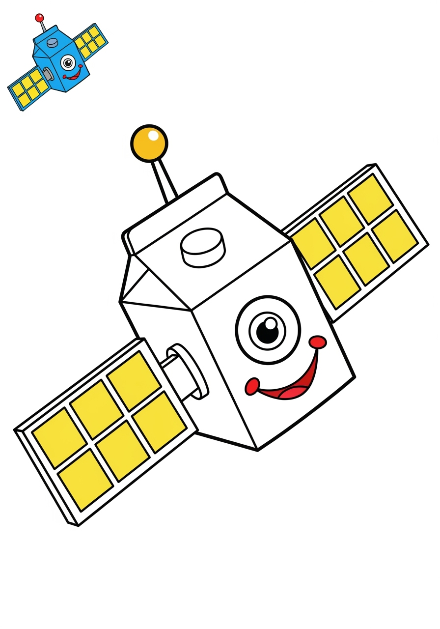 easy space and astronomy Spacecraft satellite kids coloring page 1