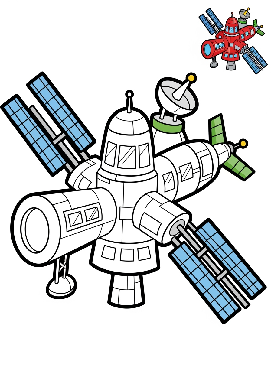 easy space and astronomy Spacecraft space station kids coloring page 0