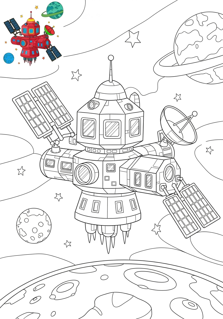 easy space and astronomy Spacecraft space station kids coloring page 1