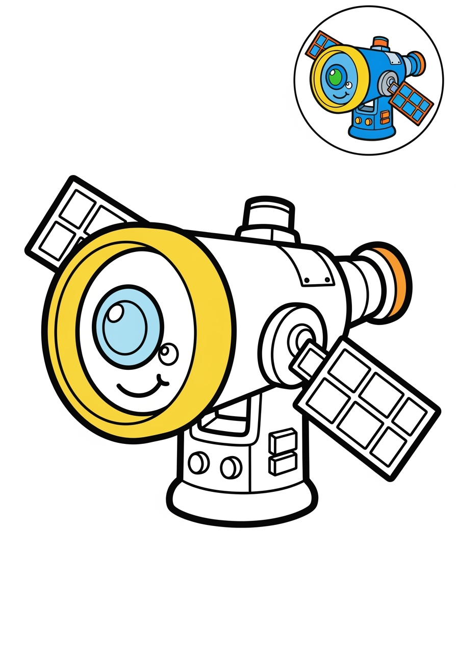 easy space and astronomy Spacecraft space telescope kids coloring page 1