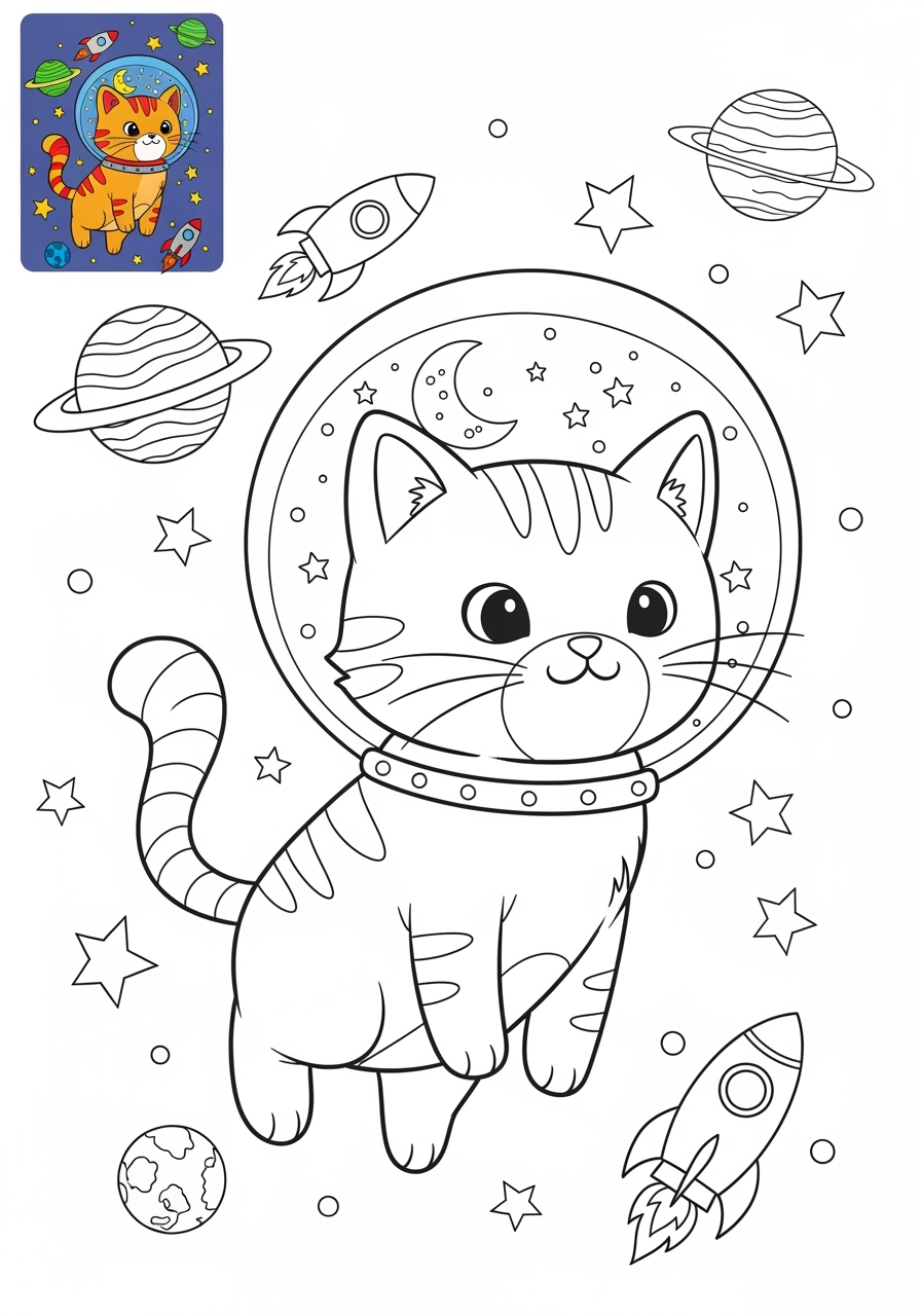 easy space and astronomy Astronaut & Aliens space cat kids coloring page 0