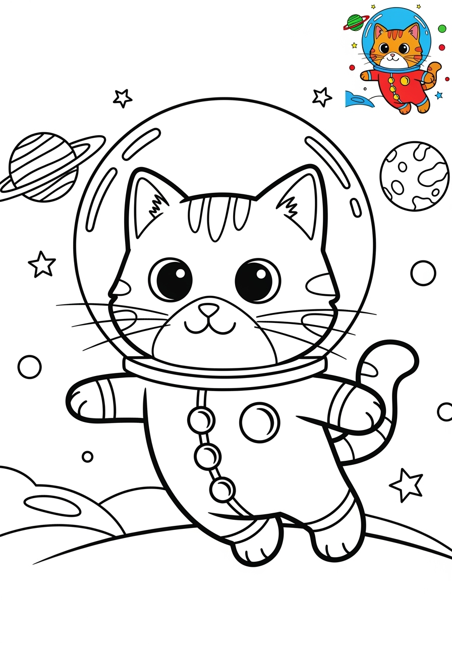 easy space and astronomy Astronaut & Aliens space cat kids coloring page 1