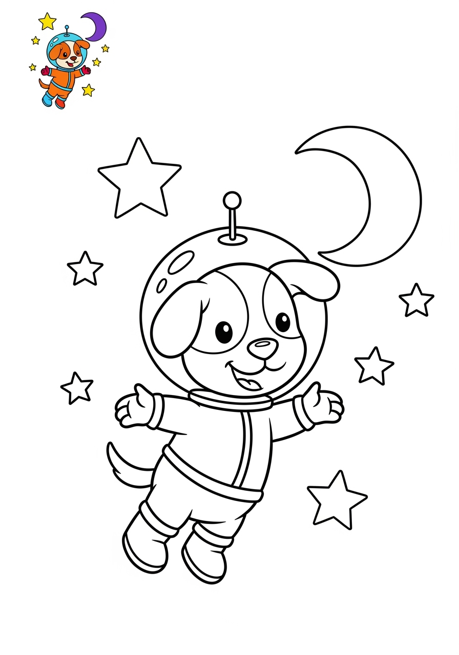 easy space and astronomy Astronaut & Aliens space dog kids coloring page 0