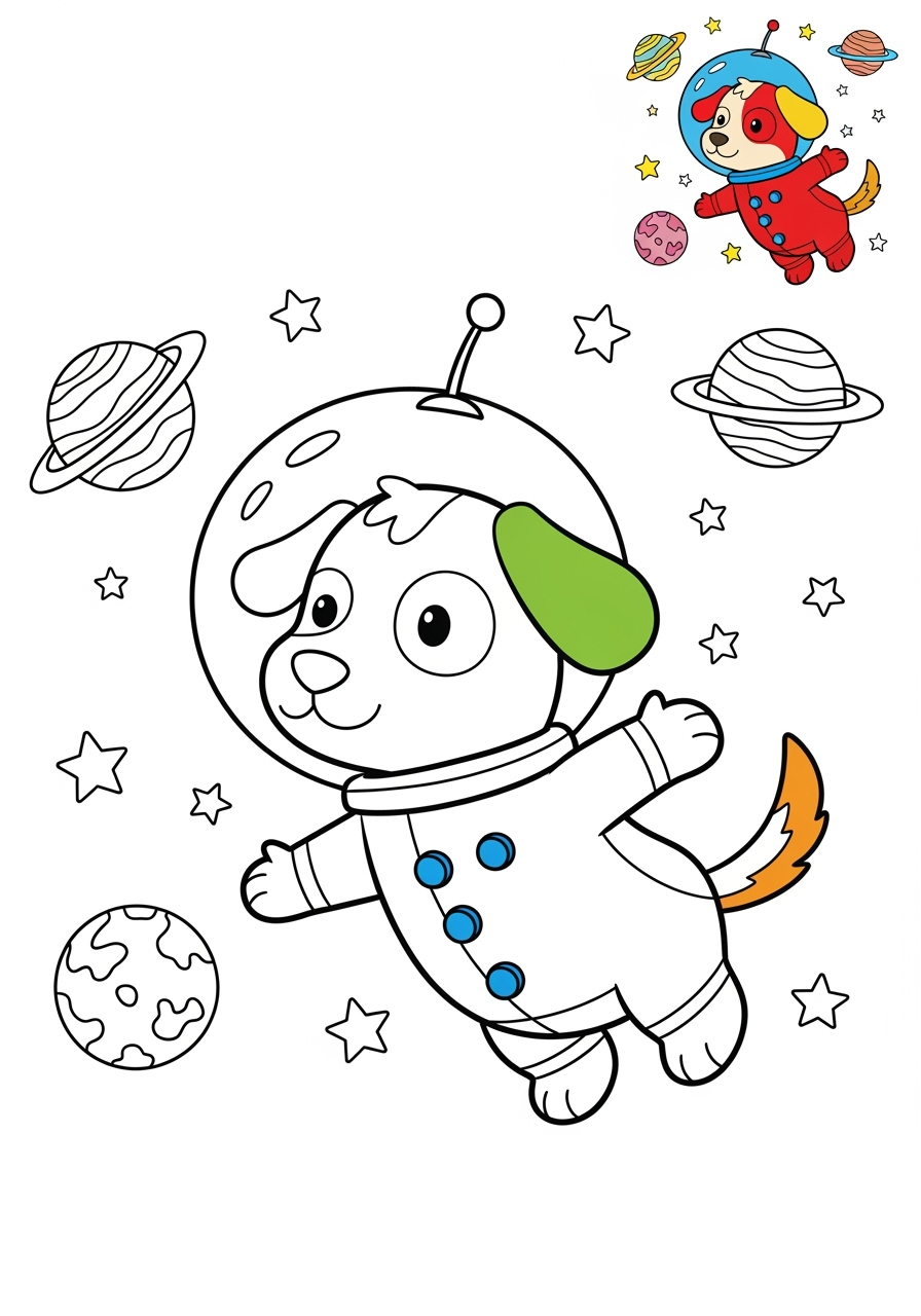 easy space and astronomy Astronaut & Aliens space dog kids coloring page 1