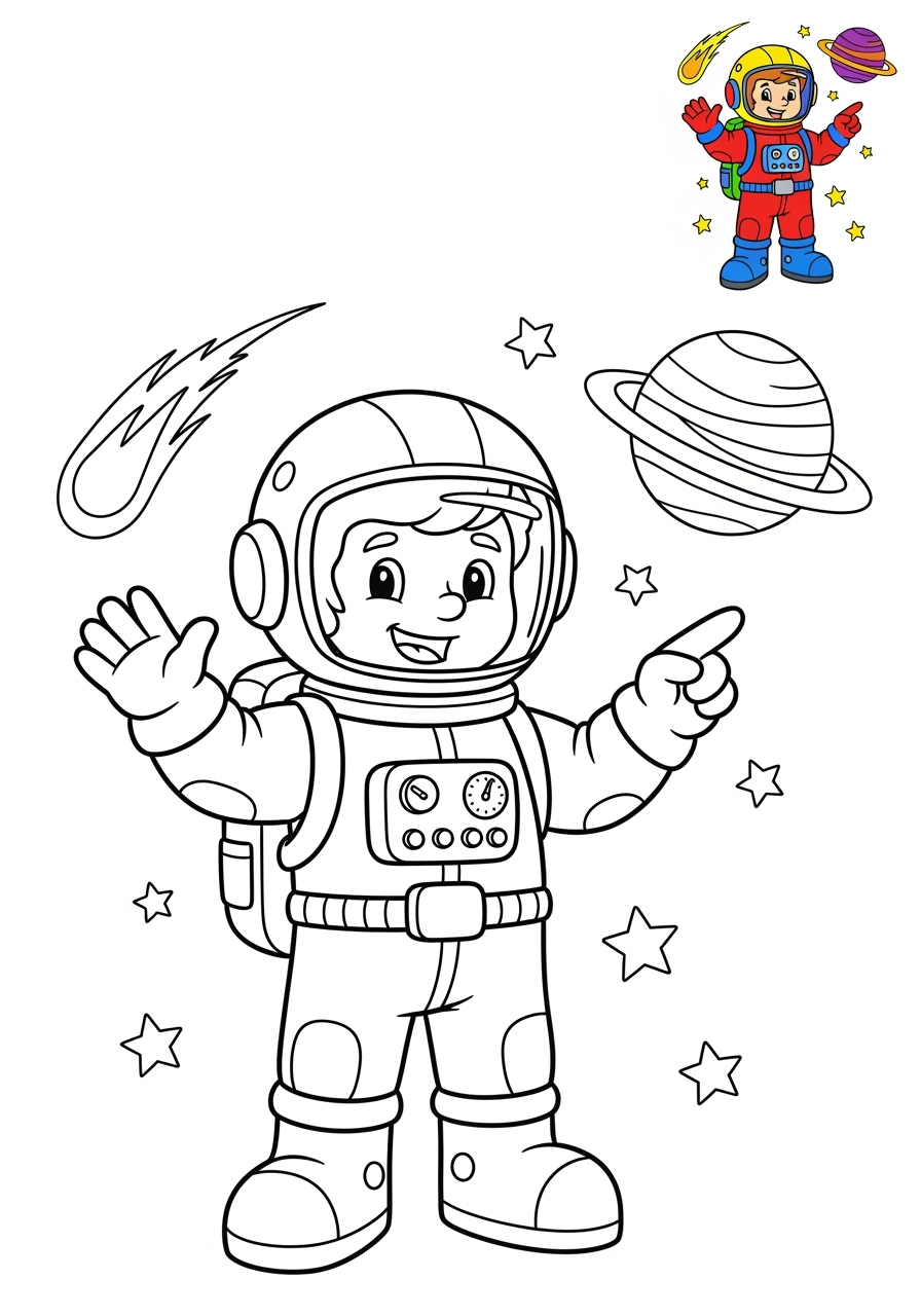 easy space and astronomy Astronaut & Aliens space explorer kids coloring page 0