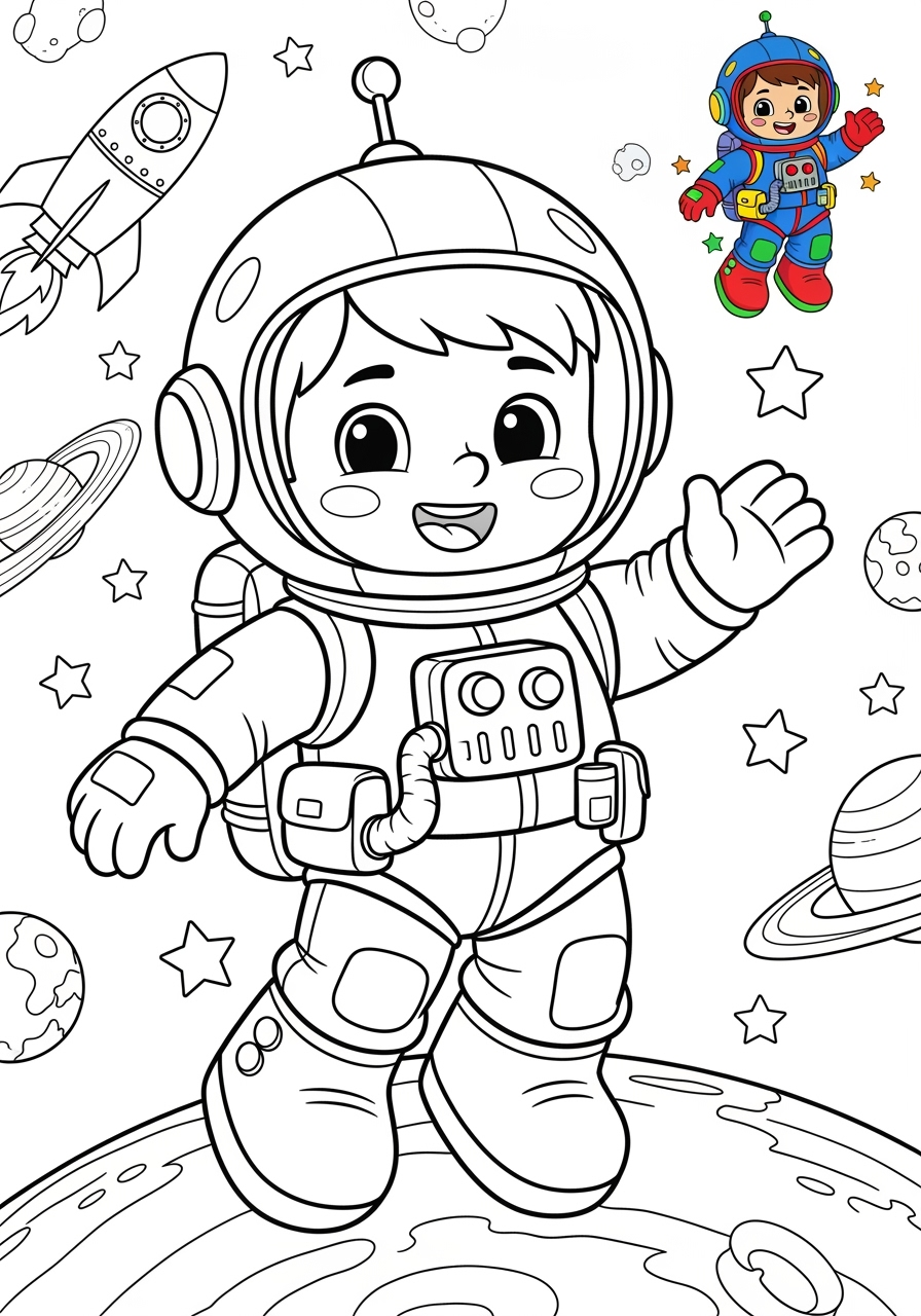 easy space and astronomy Astronaut & Aliens space explorer kids coloring page 1
