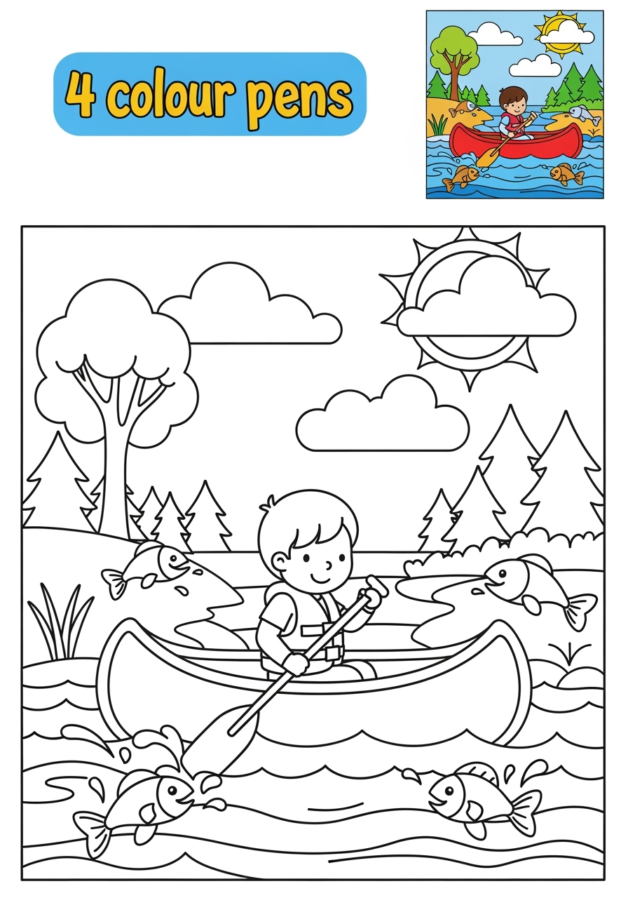 easy sports and activities Outdoor Activities canoeing kids coloring page 1