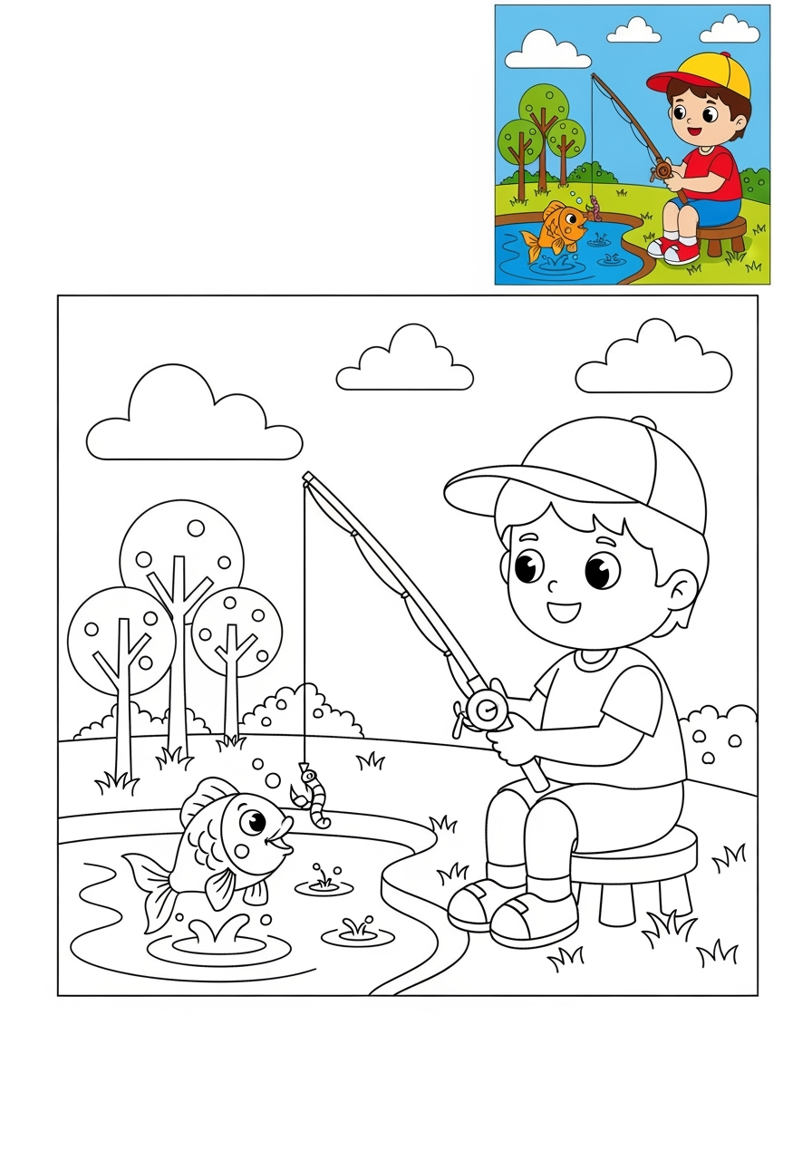 easy sports and activities Outdoor Activities fishing kids coloring page 1