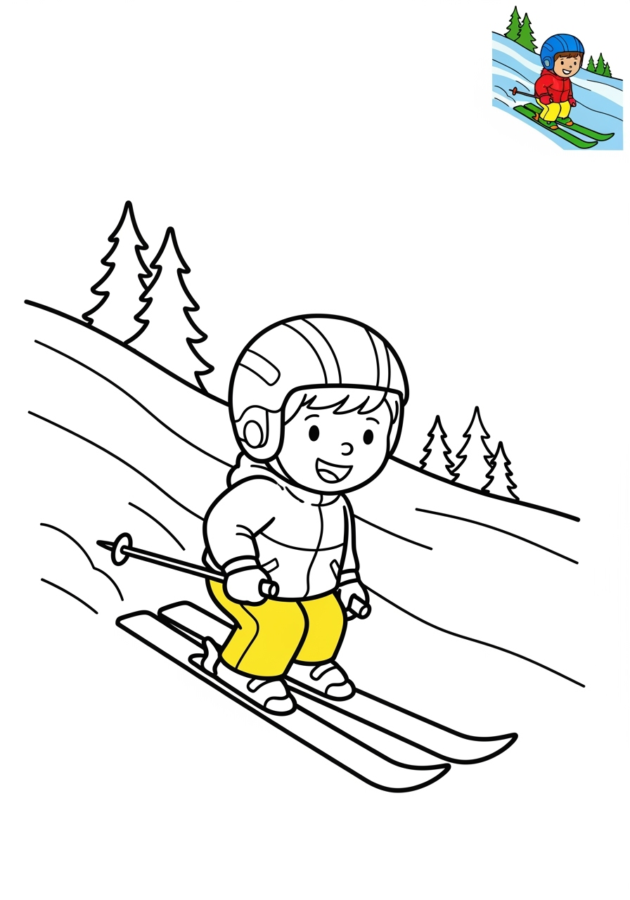 easy sports and activities Outdoor Activities skiing kids coloring page 1