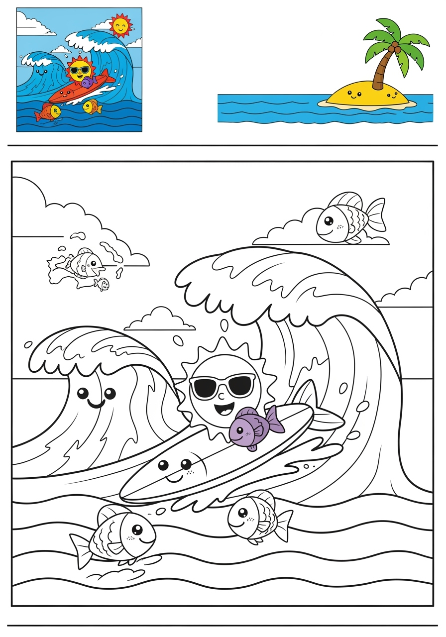 easy sports and activities Outdoor Activities surfing kids coloring page 0